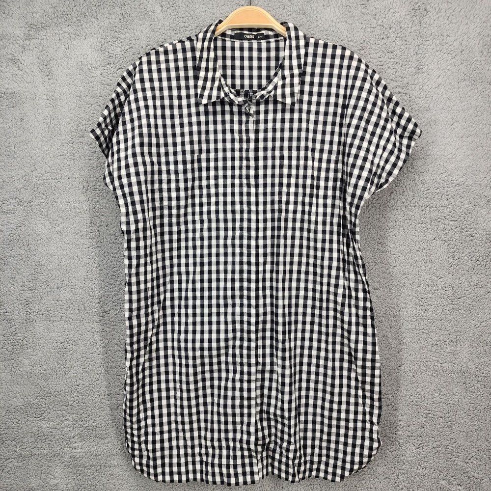 OASIS Women's Size 16 Black White Gingham Check Short Sleeve Mini Shirt Dress